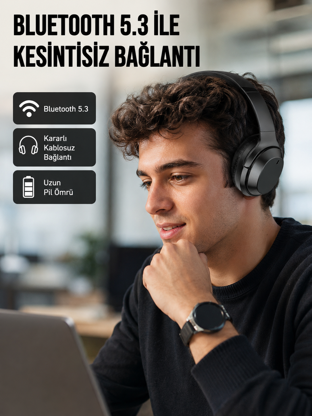 Siyah Kablosuz Bluetooth Kulaklık 300 mAh Hızlı Şarj Katlanabilir Pedli Yeni Nesil