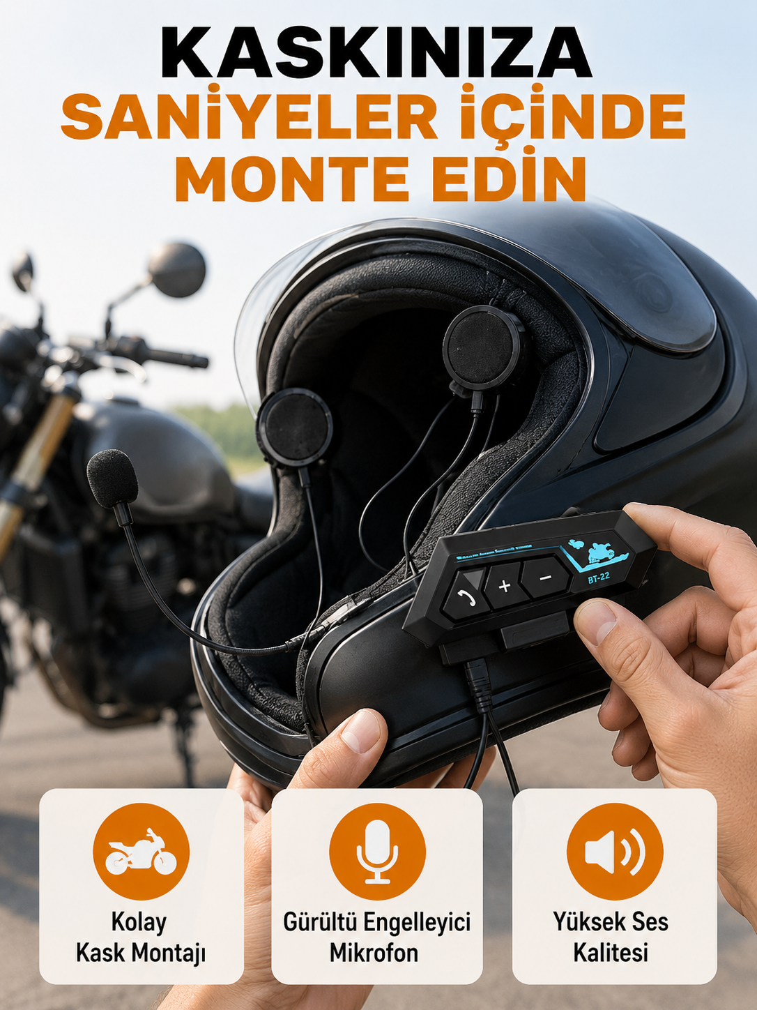 BT22 Kask İçi Bluetooth Kulaklık Hızlı Eşleşme ve Gürültü Önleyici Mikrofon Yeni Nesil