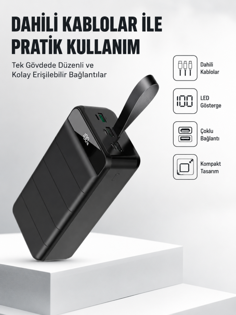 50.000 mAh Kapasiteli Powerbank – Hızlı Şarj Destekli, 4 USB Portlu, LED Işıklı Taşınabilir Enerji Deposu