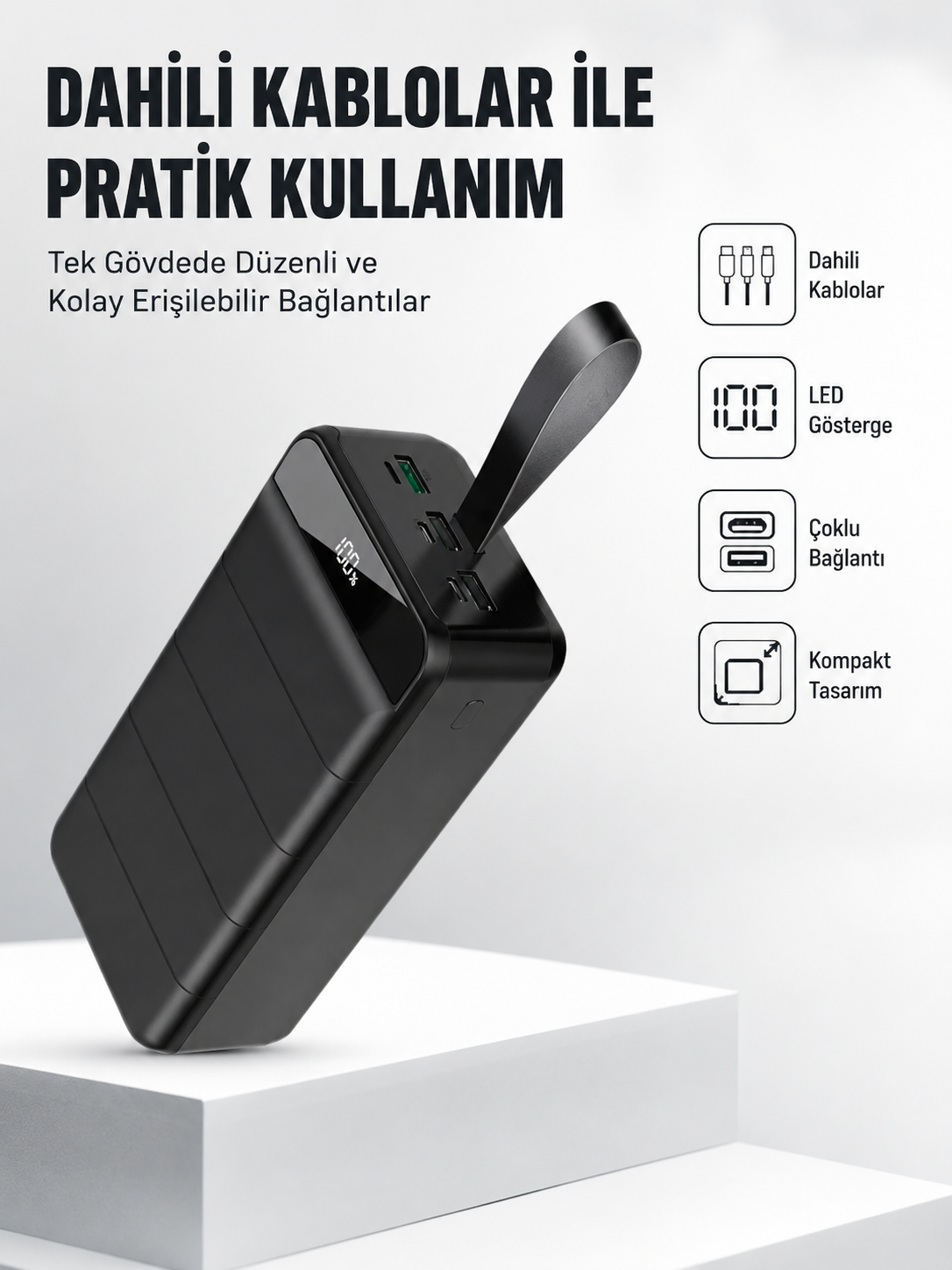50.000 mAh Kapasiteli Powerbank – Hızlı Şarj Destekli, 4 USB Portlu, LED Işıklı Taşınabilir Enerji Deposu