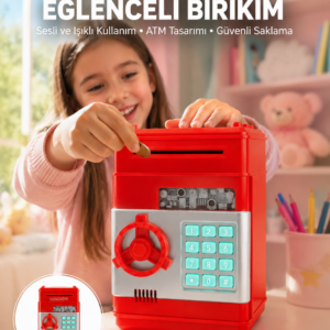 Şifreli Kırmızı ATM Tasarımlı Çelik Kasa Görünümlü Kumbara