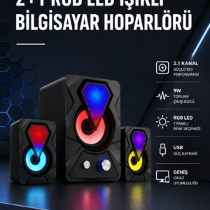 2+1 RGB LED Işıklı Güçlü Bas Sistemli Bilgisayar Hoparlörü