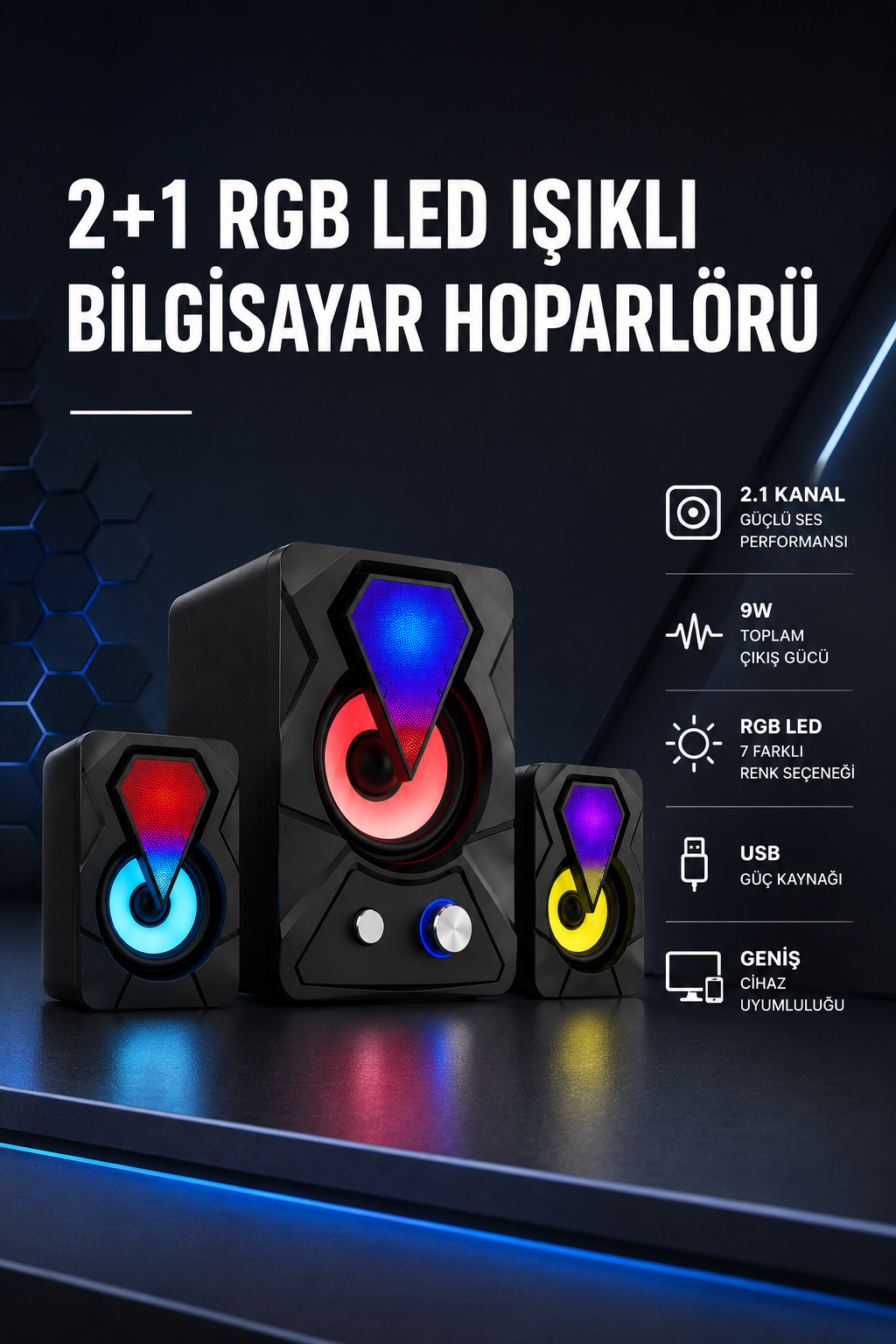 2+1 RGB LED Işıklı Güçlü Bas Sistemli Bilgisayar Hoparlörü
