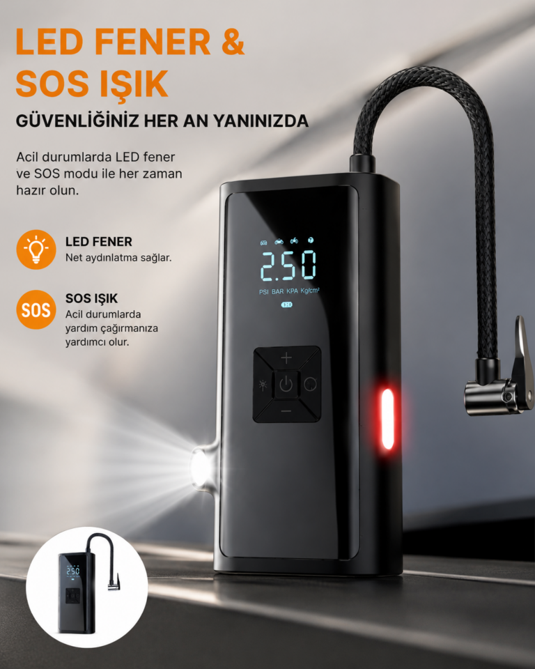 LED Fenerli ve SOS Işıklı Çok Fonksiyonlu Hava Kompresörü Yeni Nesil