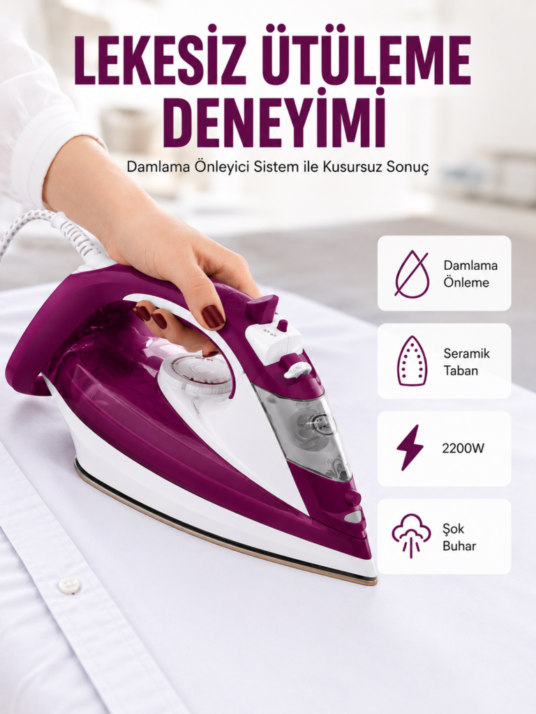 Yeni Nesil Kırmızı Buharlı Ütü 2200 Watt Seramik Tabanlı Yüksek Buhar Gücü Yeni Nesil