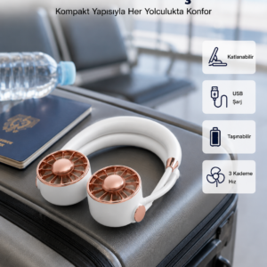 USB Şarjlı Katlanabilir Mini Boyun Fanı 1–3 Saat Kullanım