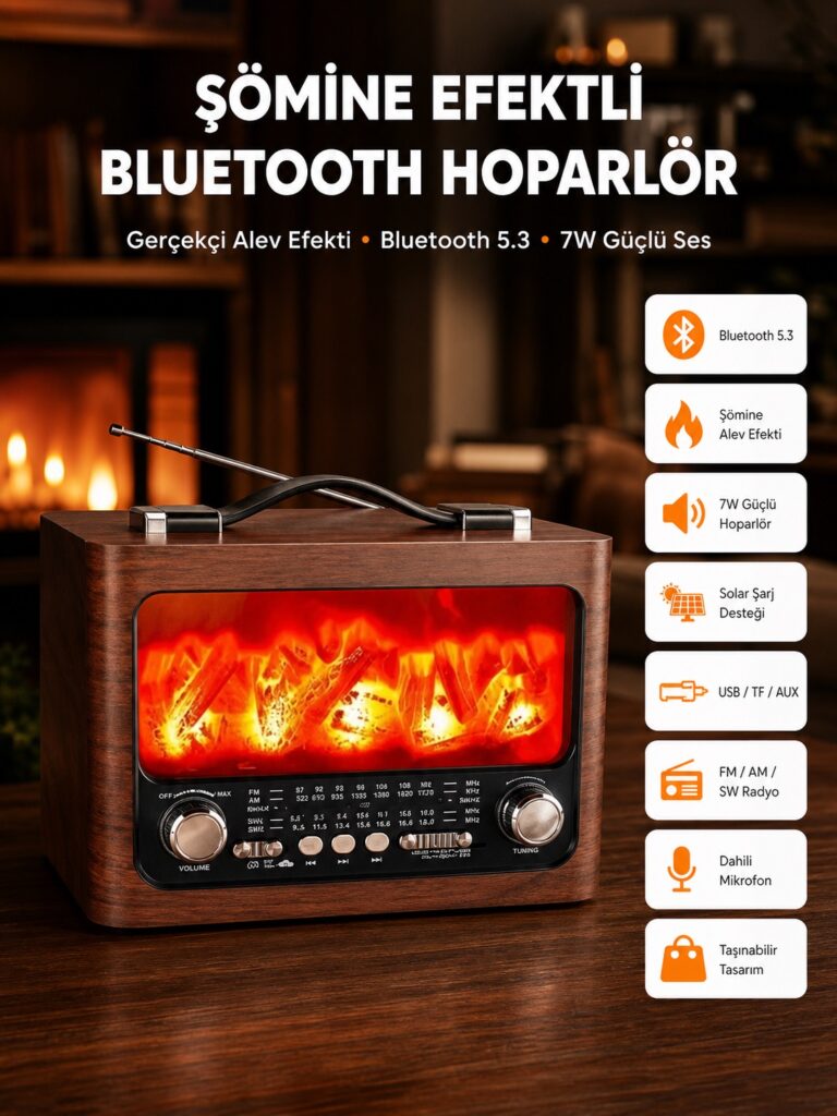 Solar Şarjlı Şömine Işıklı Bluetooth Hoparlör – Radyo, USB, TF Kart Destekli