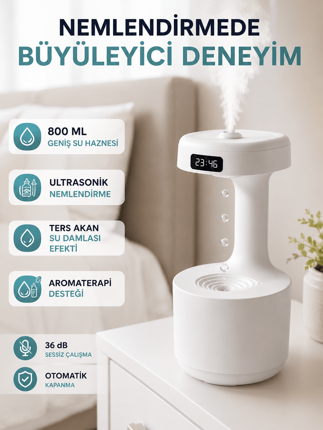 Dekoratif Hava Nemlendirici 800 ml Sessiz Aroma Difüzör Anti Yerçekimi Su Efektli