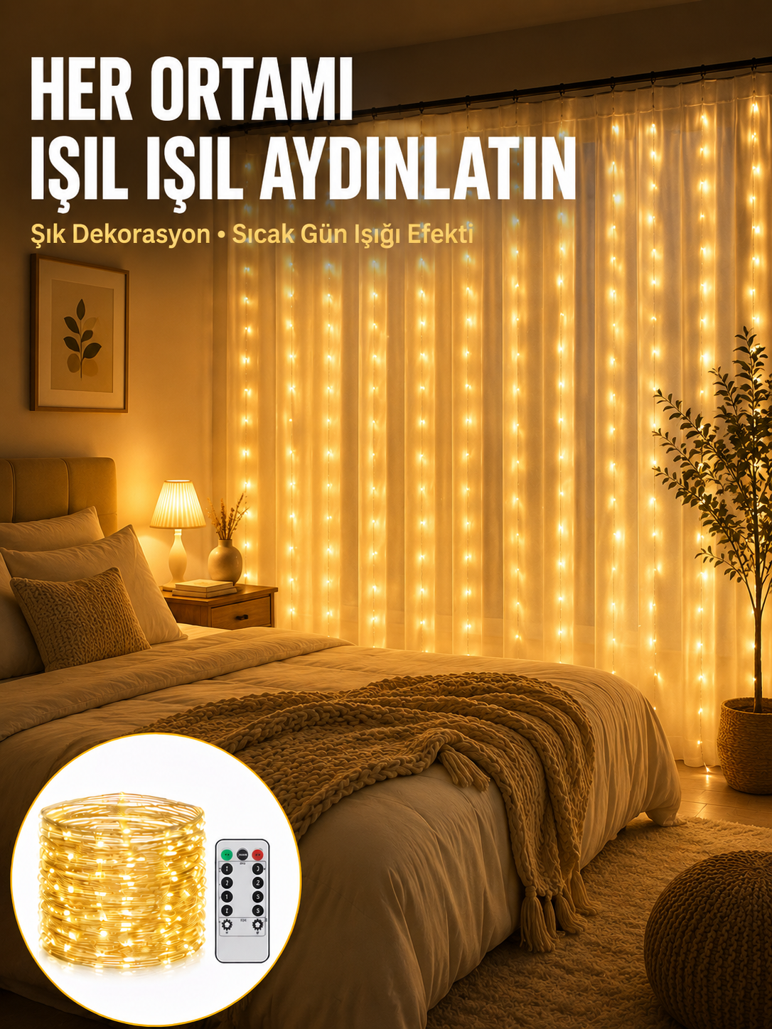 Dekoratif Perde Peri Led Günışığı Renk 8 Fonksiyonlu Işık Yeni Nesil