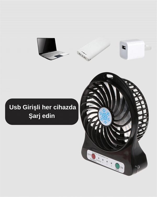 Şarjlı USB Fan – Masaüstü Mini Vantilatör, Taşınabilir, Işıklı, 3 Kademeli, Sessiz