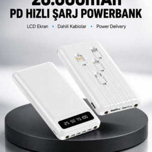 LED Işıklı 20.000mAh Powerbank LCD Gösterge Dahili Çoklu Kablo Yeni Nesil