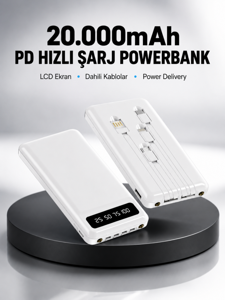 LED Işıklı 20.000mAh Powerbank LCD Gösterge Dahili Çoklu Kablo Yeni Nesil