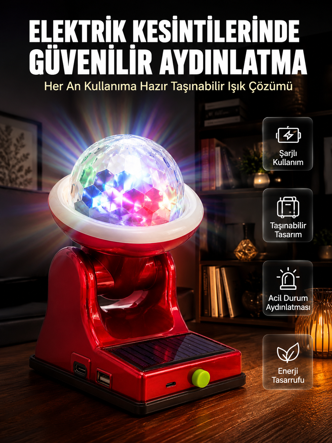Çok Amaçlı Şarjlı LED Projektör Lamba Solar Enerjili RGB Ambiyans ve Parti Işığı
