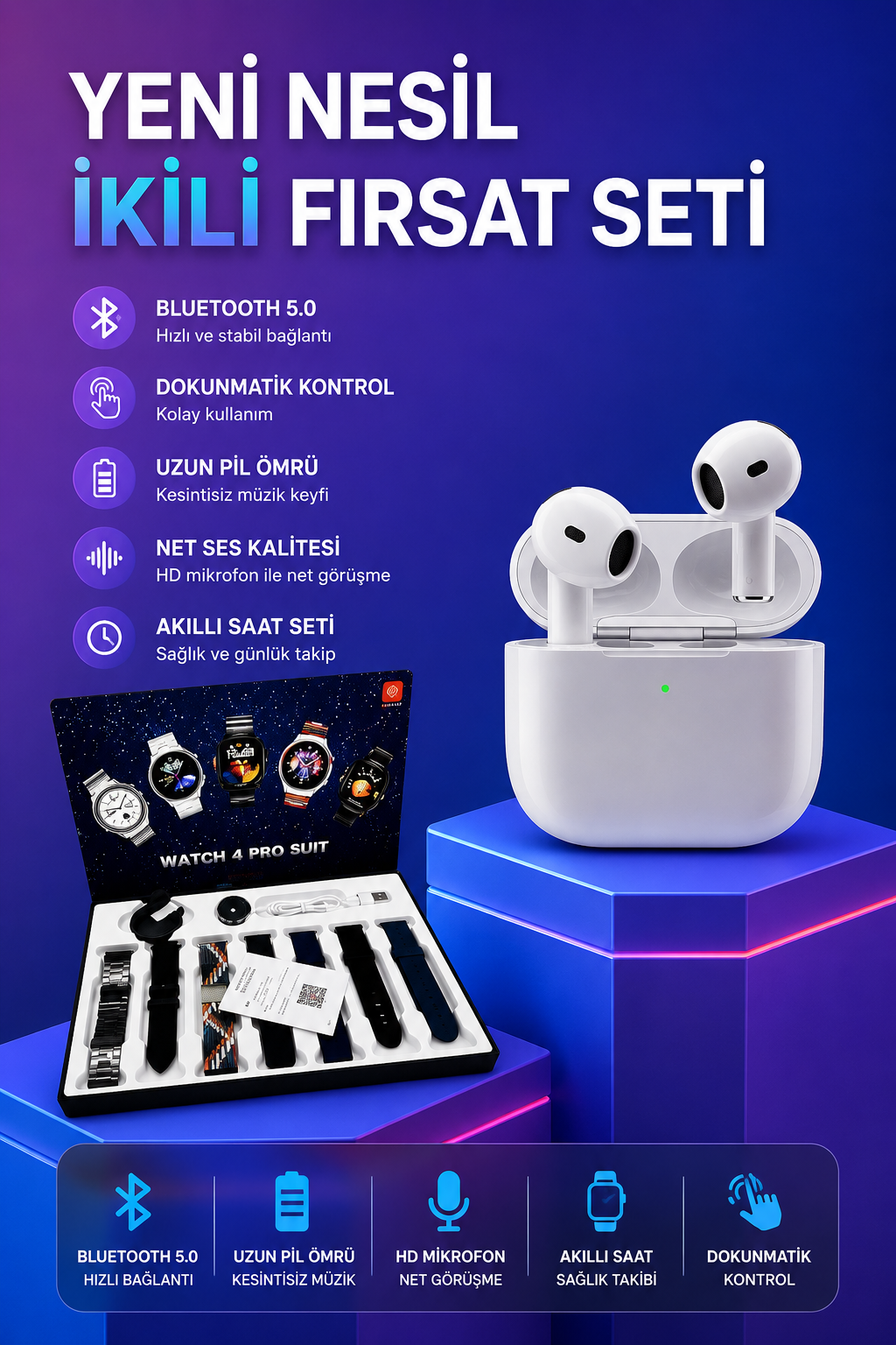 3.Nesil TWS Bluetooth Kulaklık Bluetooth Bağlantılı Akıllı Saat Amoled Ekran Plastik Hasır Kordon