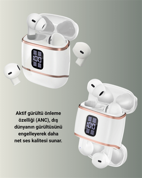 Bluetooth 5.3 Kulaklık – 4 Adet, Çift Kulaklıklı, Dijital Göstergeli, ANC + ENC