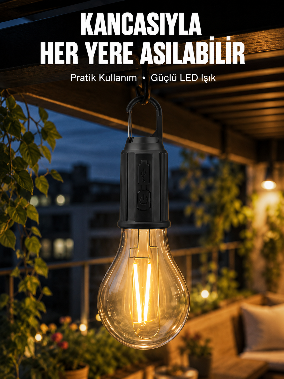 Taşınabilir Şarjlı Led Ampul Askılı Lamba Kamp Bahçe Lambası