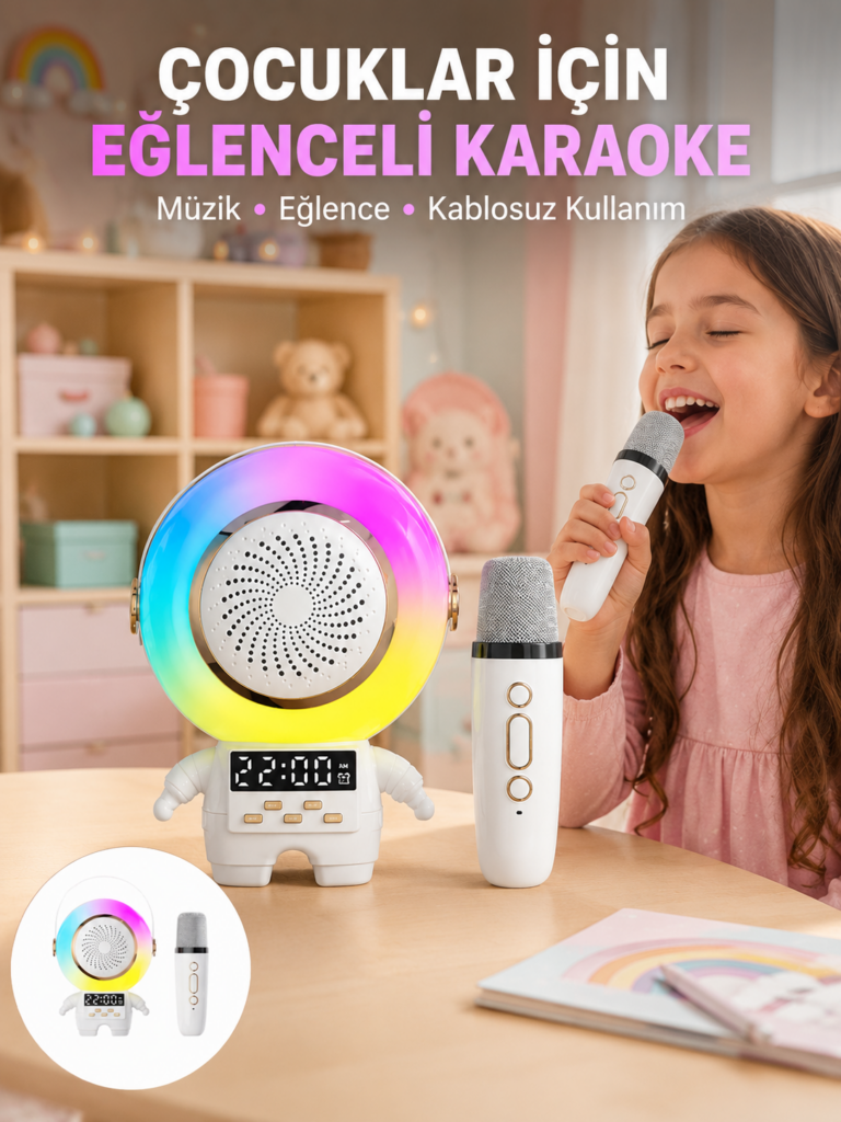 Renkli Işıklı Astronot Mini Bluetooth Speaker ve Karaoke Mikrofon