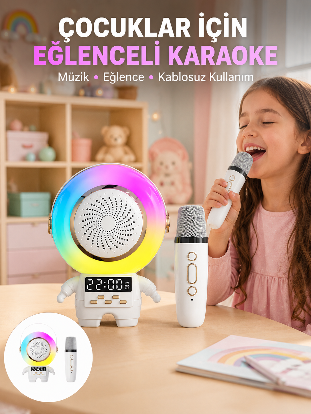 Renkli Işıklı Astronot Mini Bluetooth Speaker ve Karaoke Mikrofon