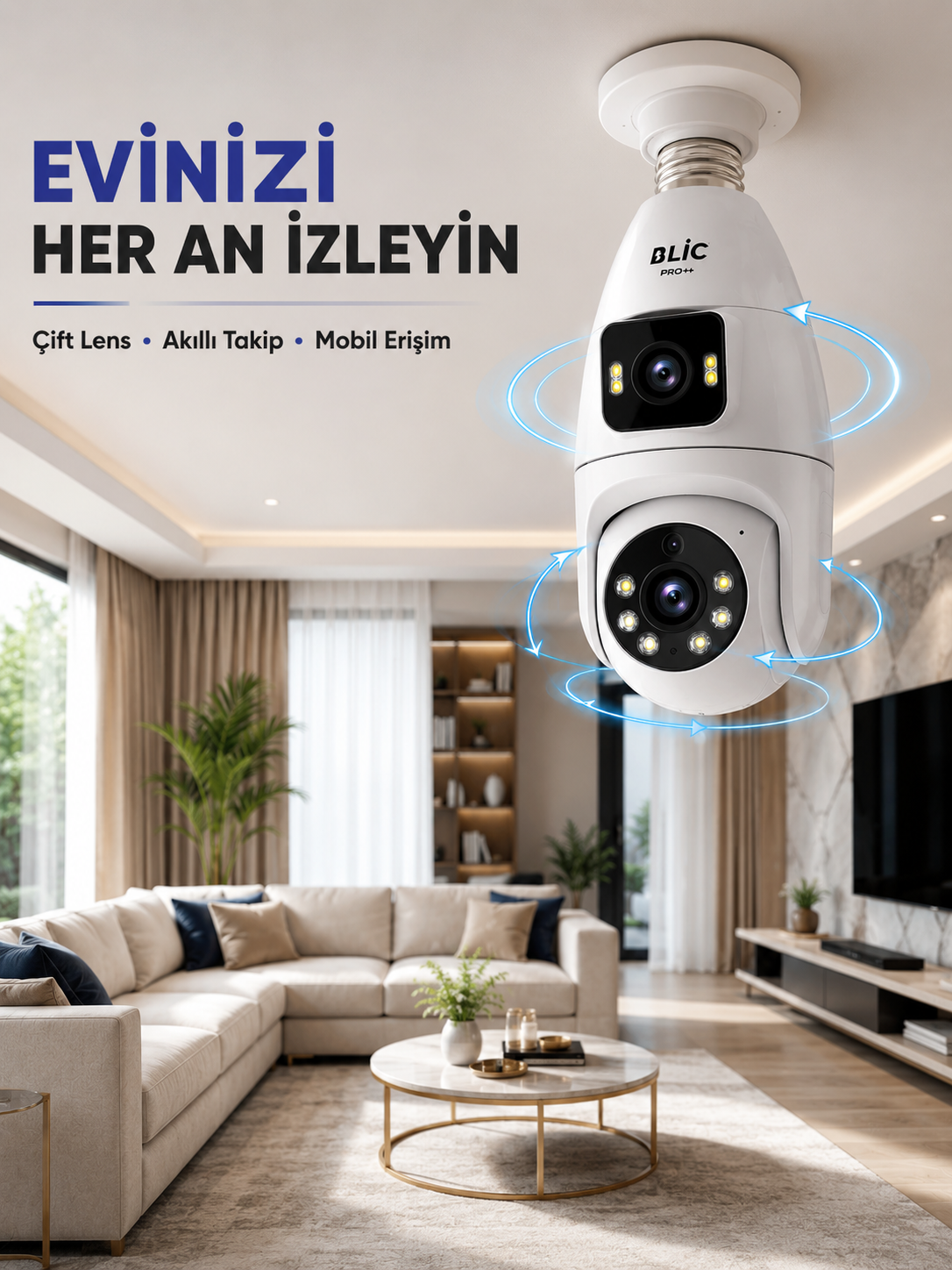 Wi-Fi Ampul Kamera Sistemi Gece Görüşlü Çift Lens
