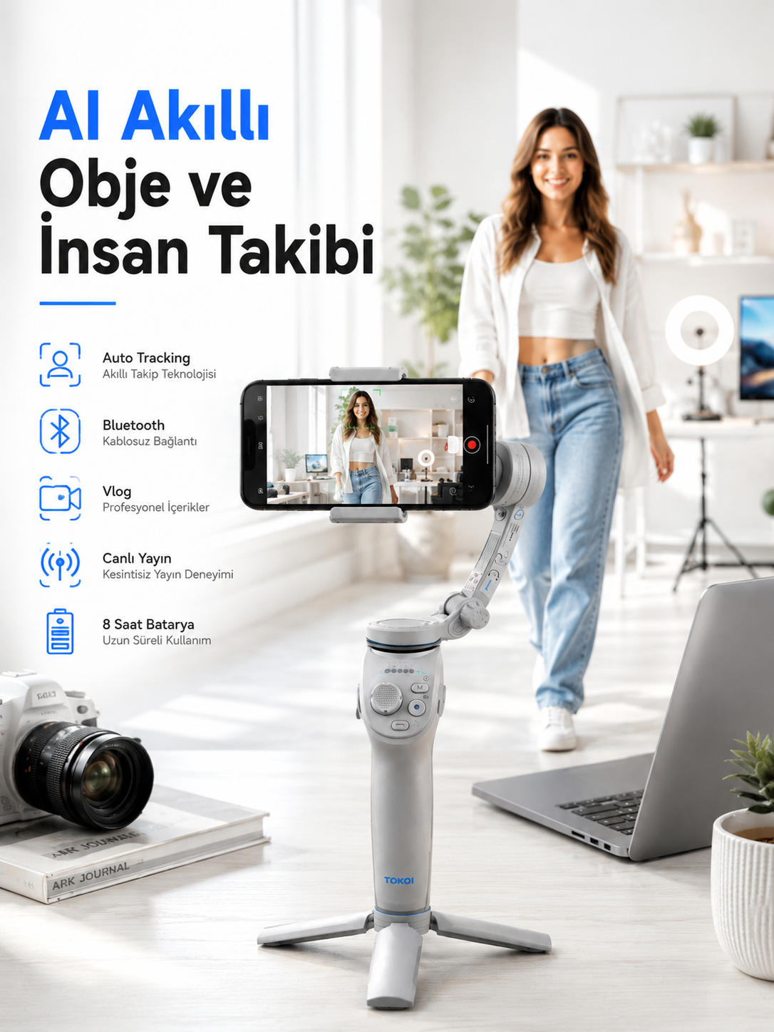 Yapay Zeka Takipli Telefon Gimbali Katlanabilir Tripod Bluetooth Kontrollü Dahili LED Işıklı