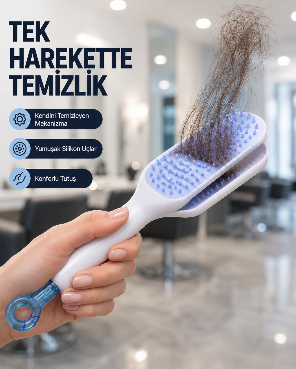 Kendi Kendini Temizleyen Saç Tarağı – Anti-Statik, Silikon Uçlu, ABS Malzeme, 22x4 cm