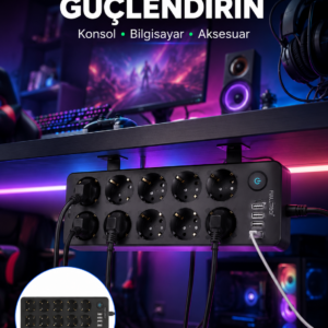 USB ve Type-C Çıkışlı 10'lu Akım Korumalı Çoklu Priz Güç Dağıtıcı