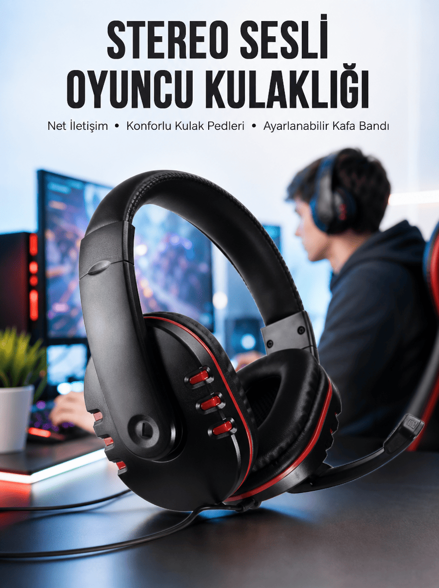 Oyuncu Kulaklığı Kulak Üstü Kablolu Stereo Mikrofonlu Yumuşak Kulak Yastığı Yeni Nesil