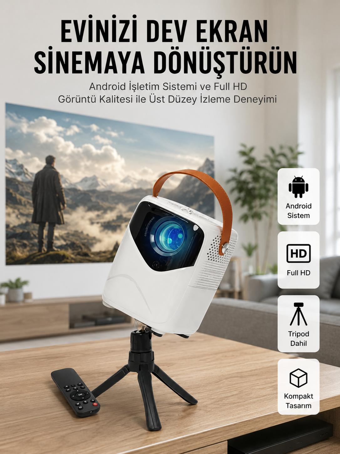 HD Ayaklı Portatif Projeksiyon Cihazı Bluetooth Wifi Akıllı Android İşlemcili