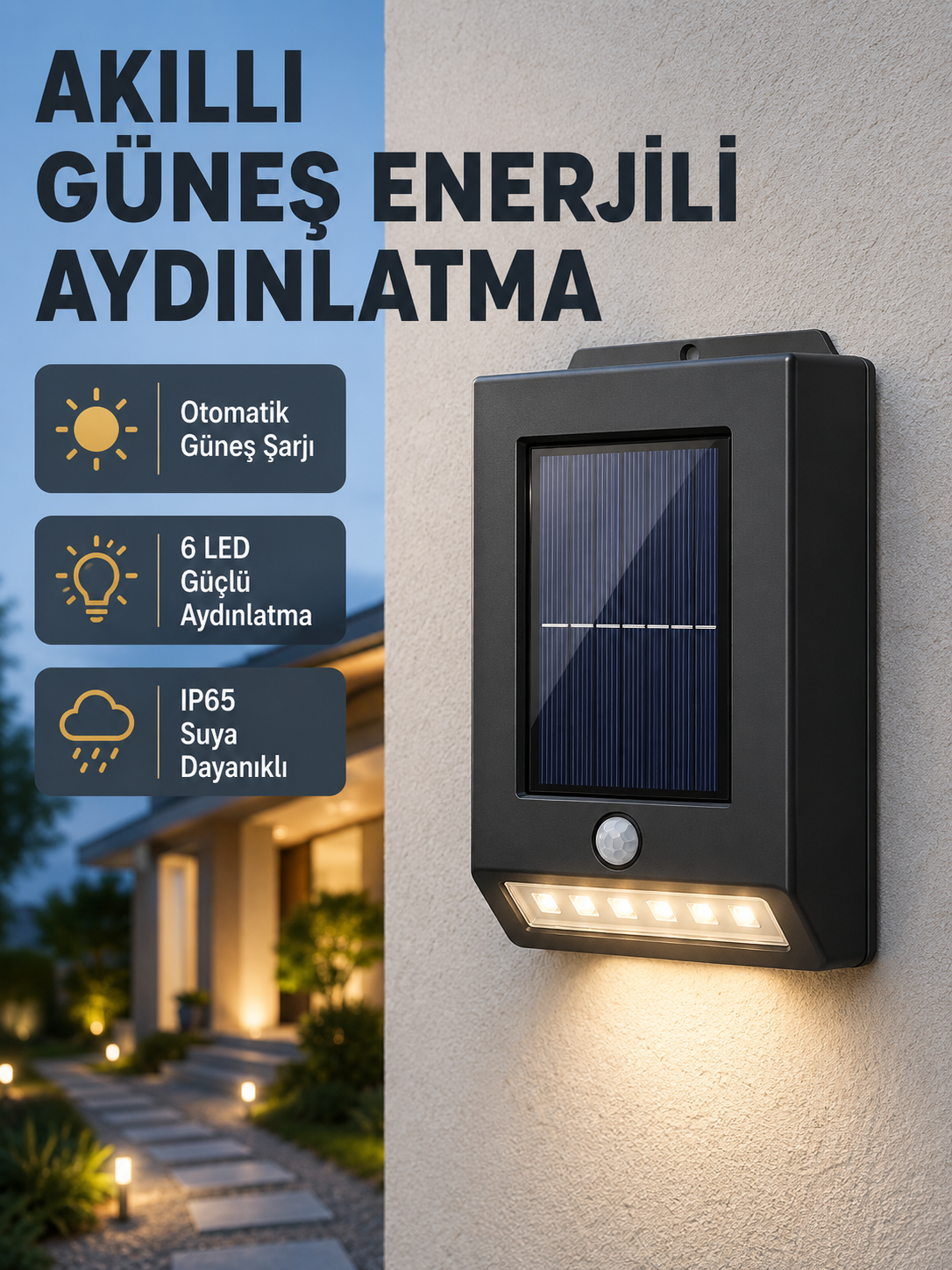 Solar Güçlü 6 LED Dış Mekan Lambası – Otomatik Aç/Kapa Işık Sensörlü Aydınlatma