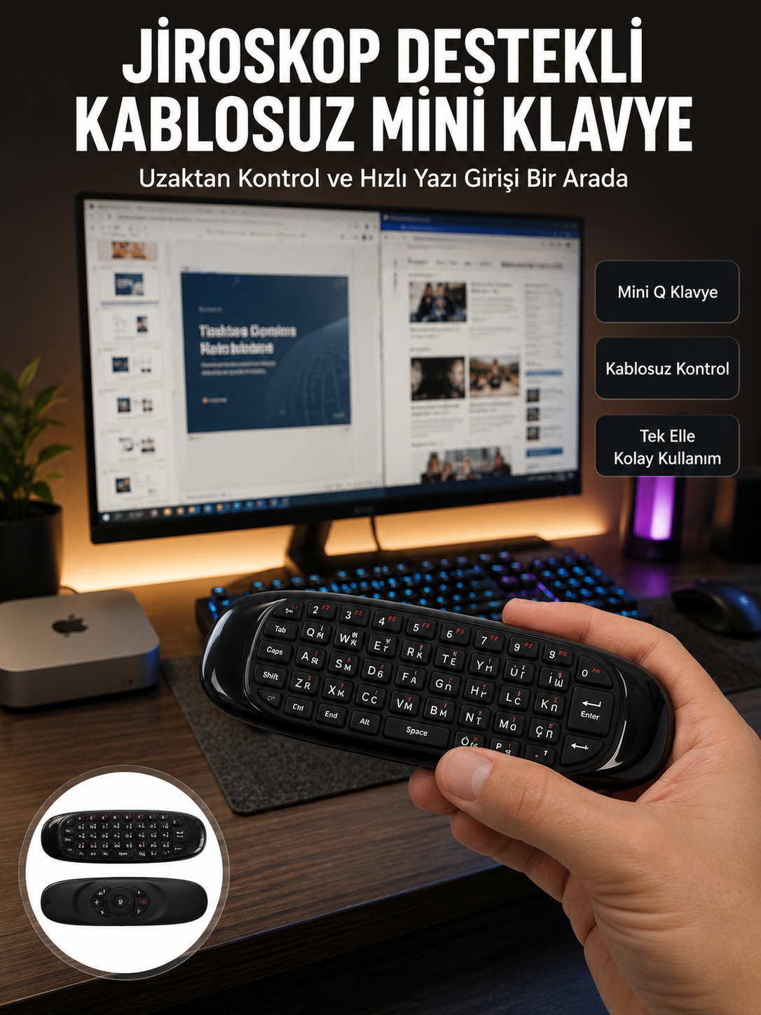 Kablosuz Hava Fareli Mini Klavye Jiroskop Destekli Uzaktan Kumanda Yeni Nesil