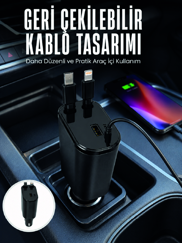 Dijital Voltaj Göstergeli Araç Şarj Cihazı Geri Çekilebilir Kablolu 4 Portlu Hızlı Şarj Adaptörü