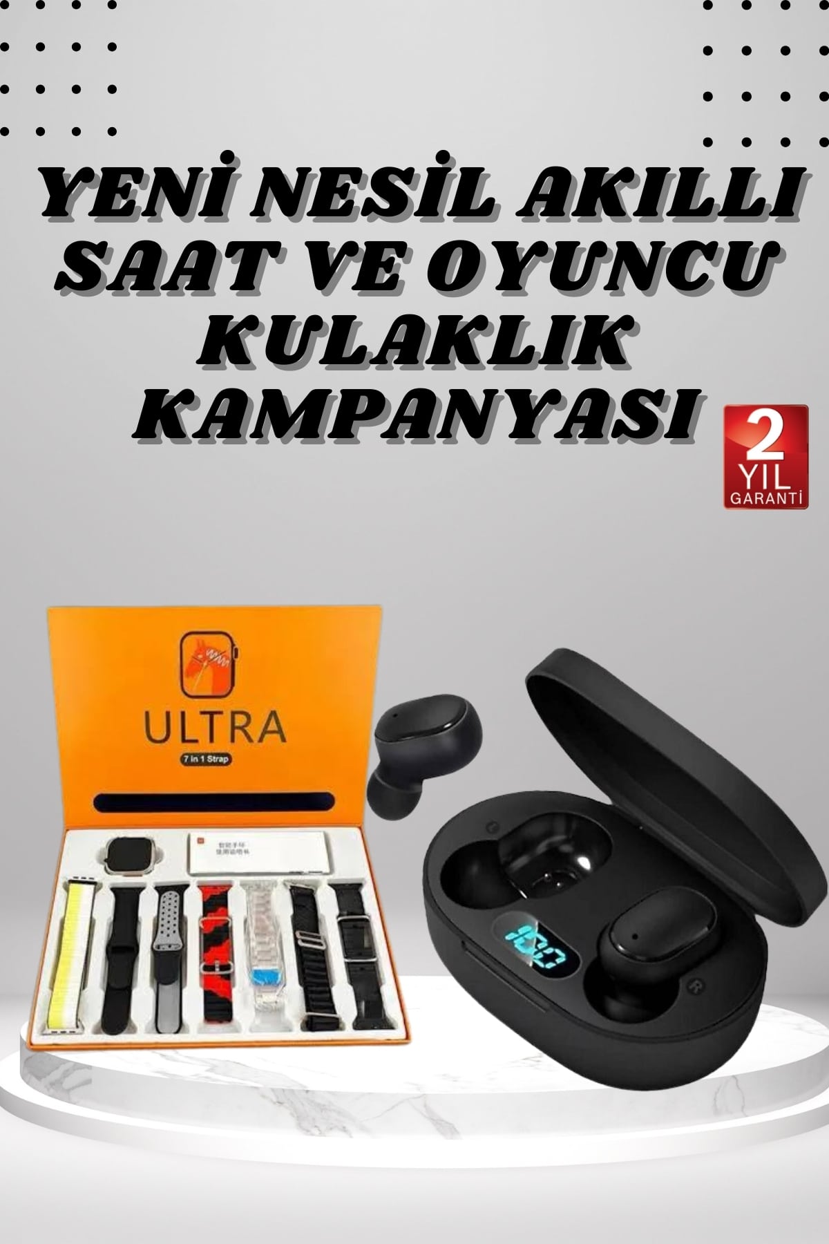 Dijital Göstergeli 7 Kordonlu Akıllı Saat ve Kulaklık Android İOS Uyumlu