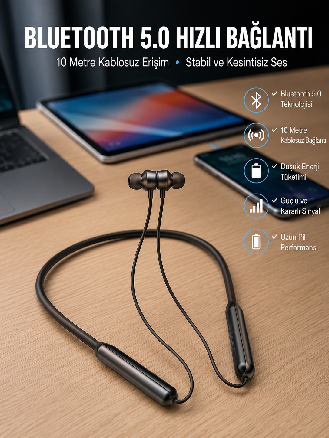 Dijital Göstergeli Kulak İçi Kablosuz Bluetooth Kulaklık Boyun Bantlı Yeni Nesil