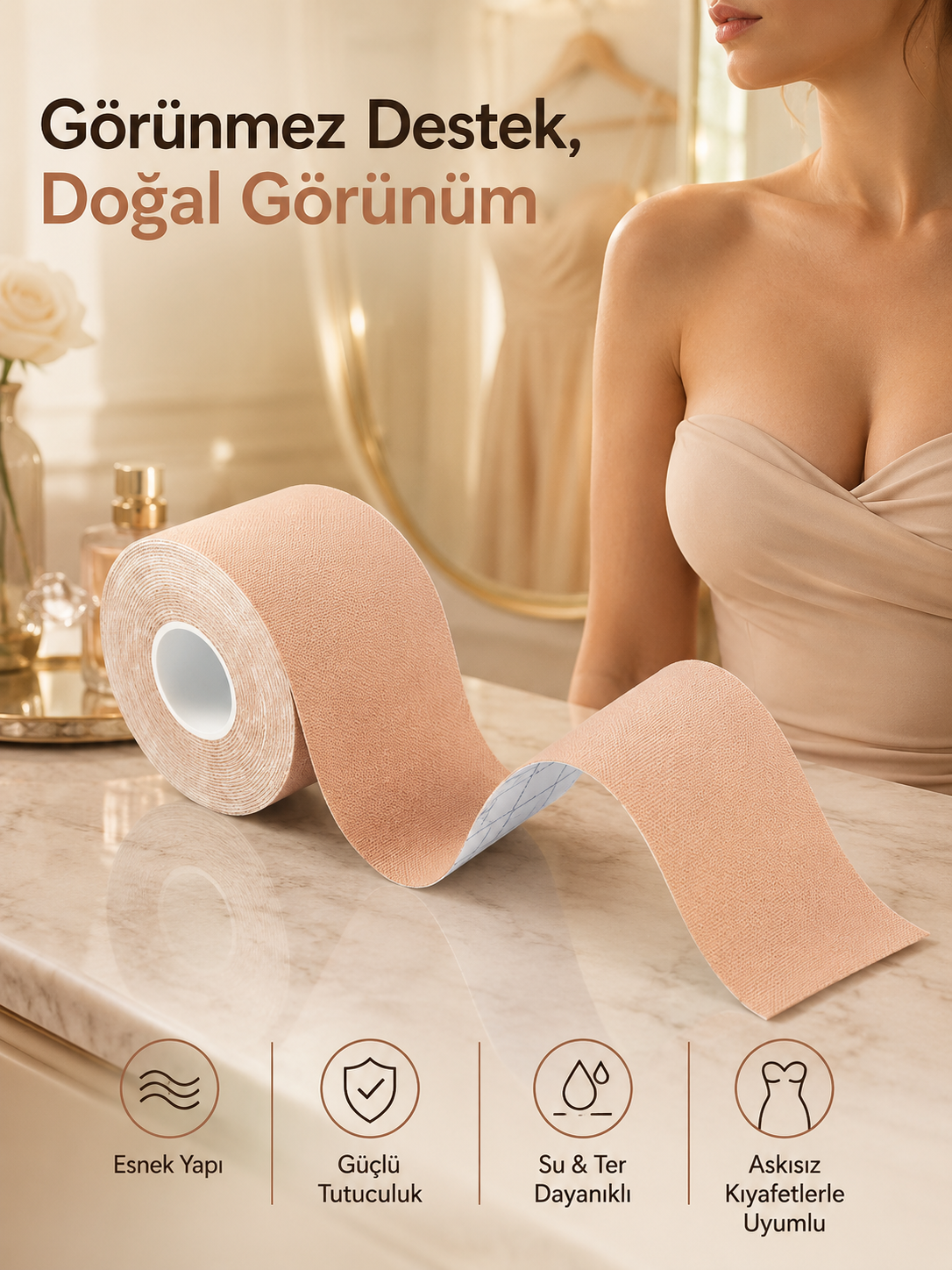 Toparlayıcı Göğüs Bandı Şekillendirici Ten Rengine Uygun Esnek Hassas Ciltlere Uygun