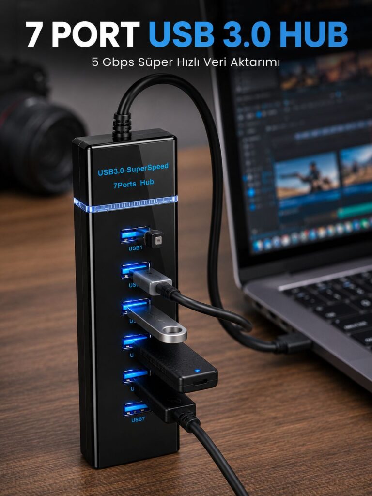 7 Port USB 3.0 Çoklayıcı Hub 5Gbps Veri Aktarım Adaptörü