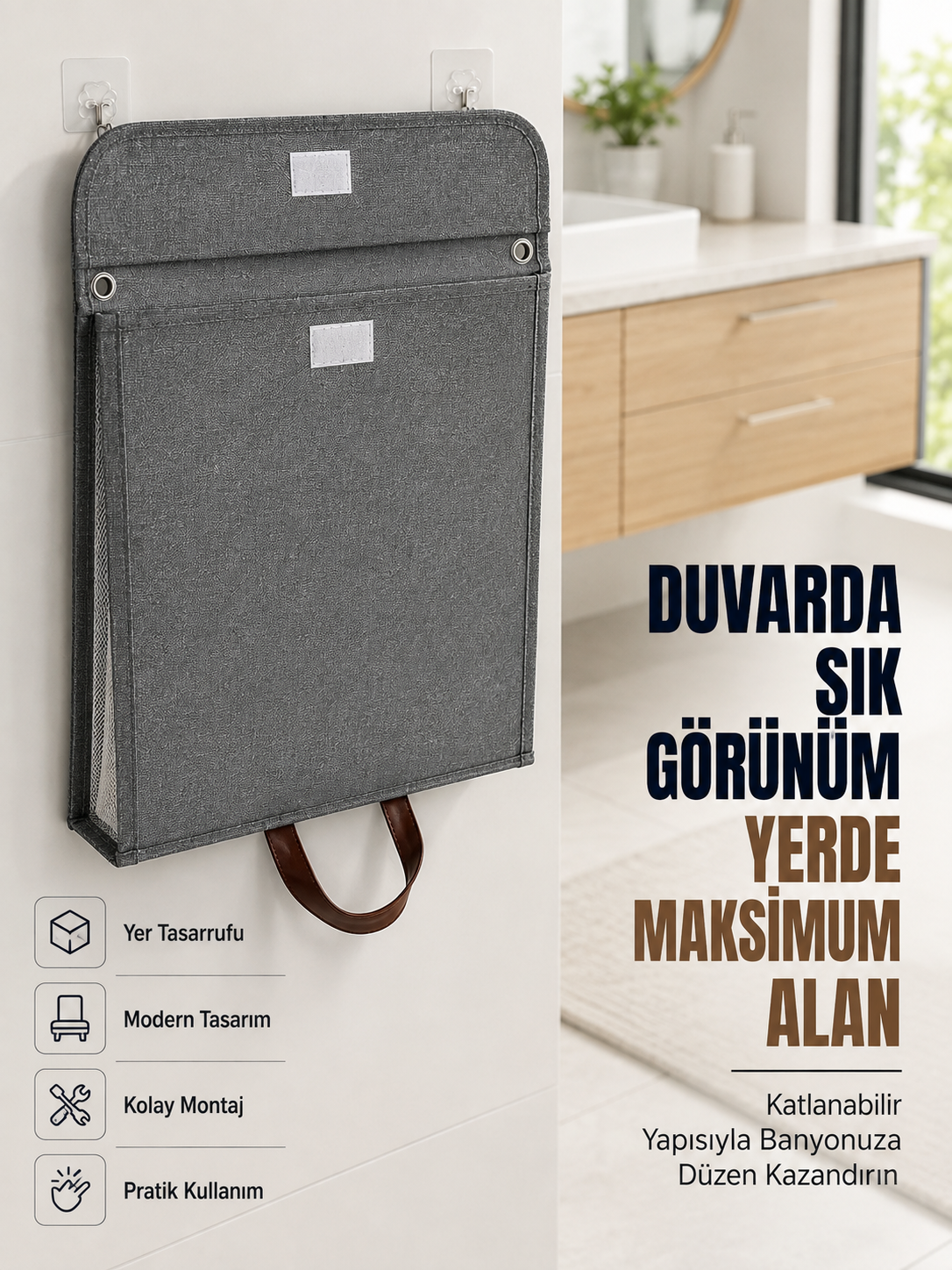 Katlanır Duvar Askılı Çamaşır Sepeti Geniş İç Hacimli Banyo Düzenleyici