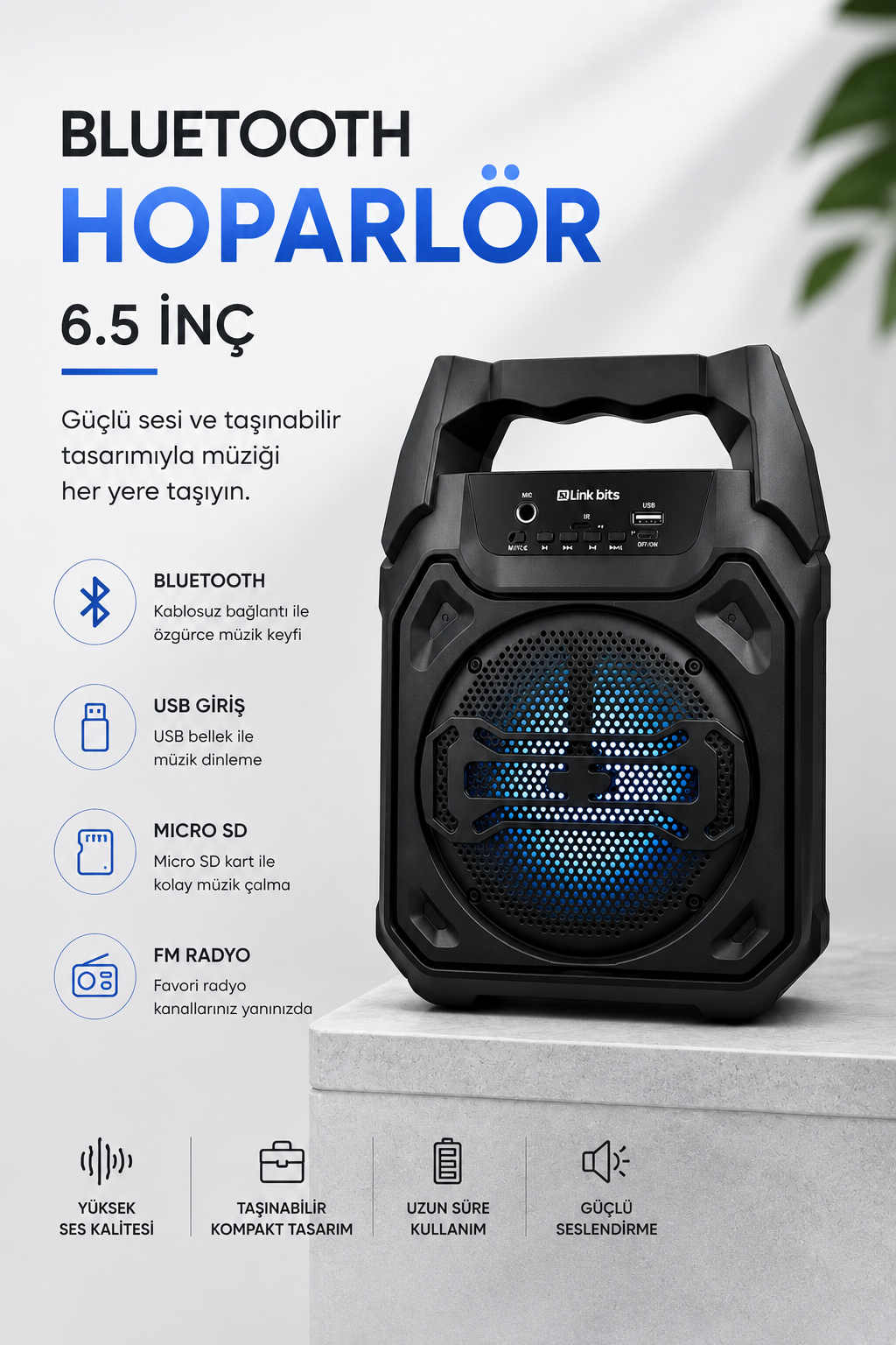 Mikrofonlu Bluetooth Ses Sistemli USB, Micro SD, FM ve Uzun Pil Ömrü