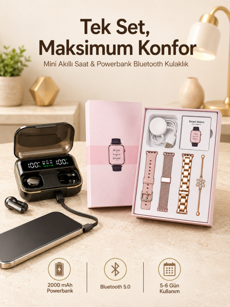 Bileklikli Amoled Ekran Akıllı Saat ve Dijital Göstergeli Kablosuz Bluetooth Kulaklık ANC/ ENC