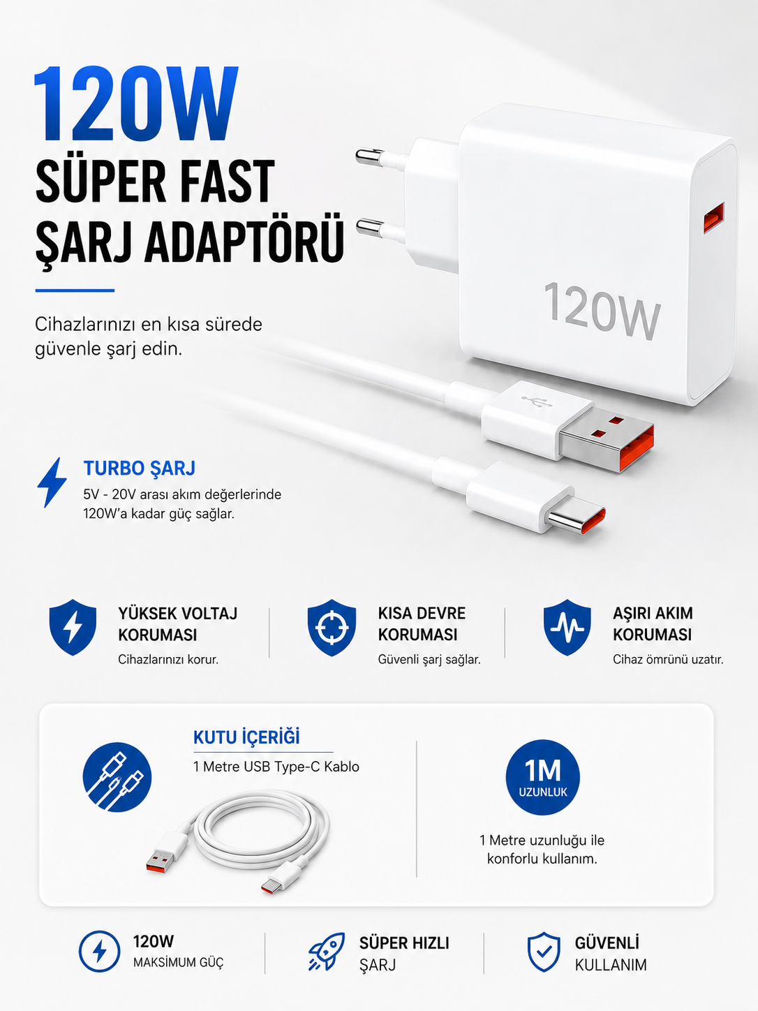 Turbo 120W Hızlı Şarj Cihazı Type-C Kablolu