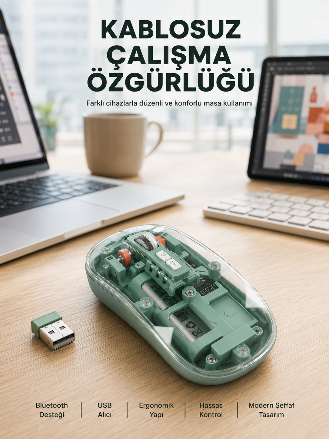 Çift Mod Bağlantılı Kablosuz Mouse Bluetooth ve USB Alıcılı Yeni Nesil