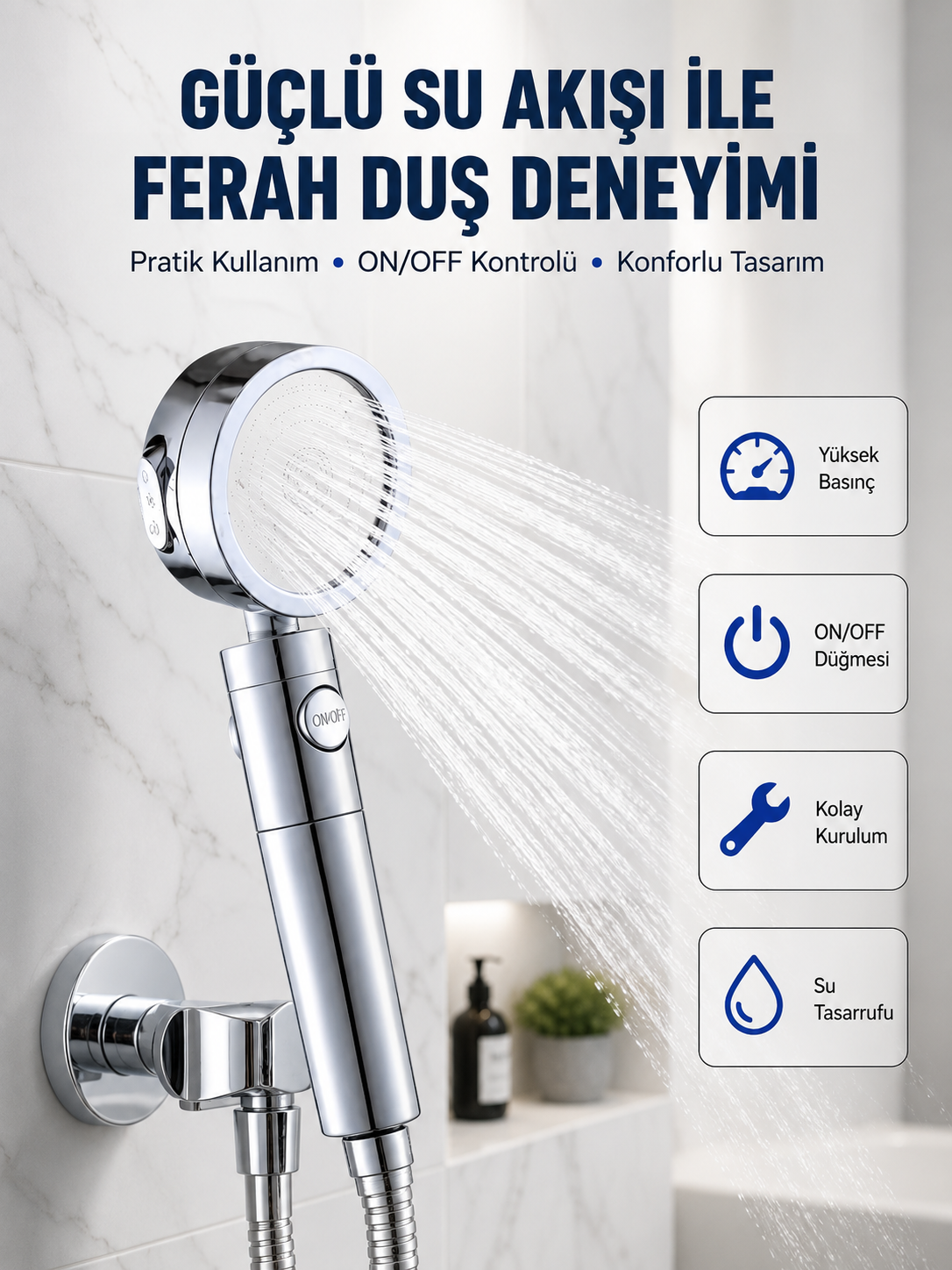 Şelale Sisi ve Masaj Özellikli Banyo Duş Başlığı