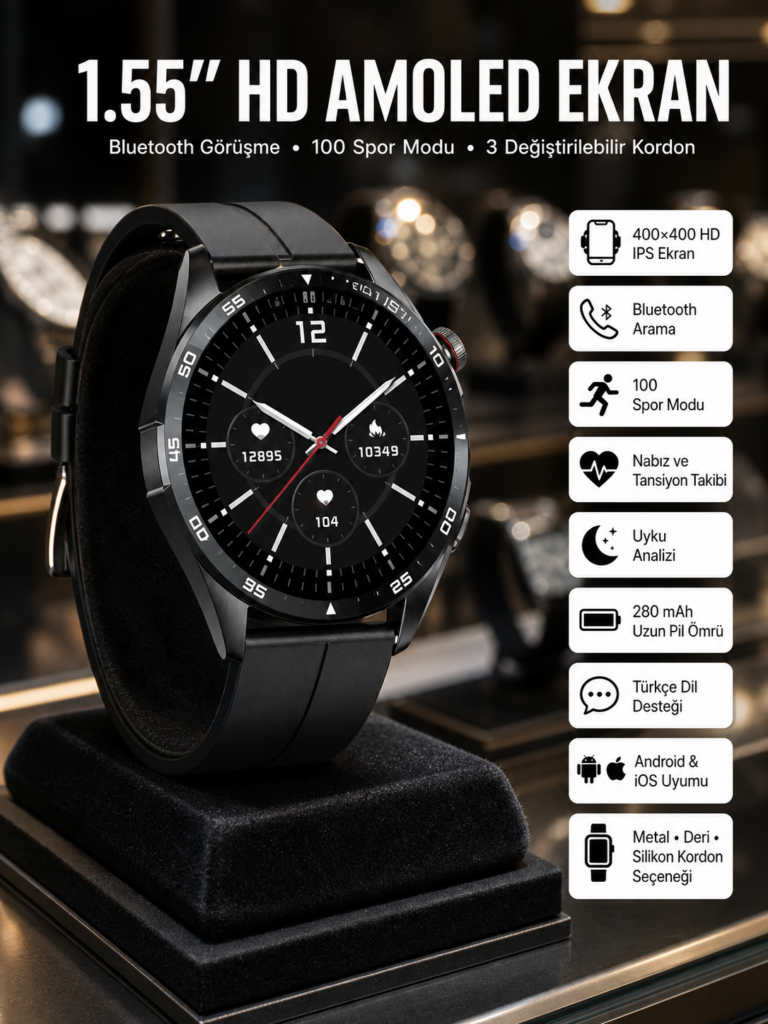 Amoled Ekran 3 Kordonlu Akıllı Saat 5.0 Bluetooth Bağlantılı Android ve İOS Uyumlu
