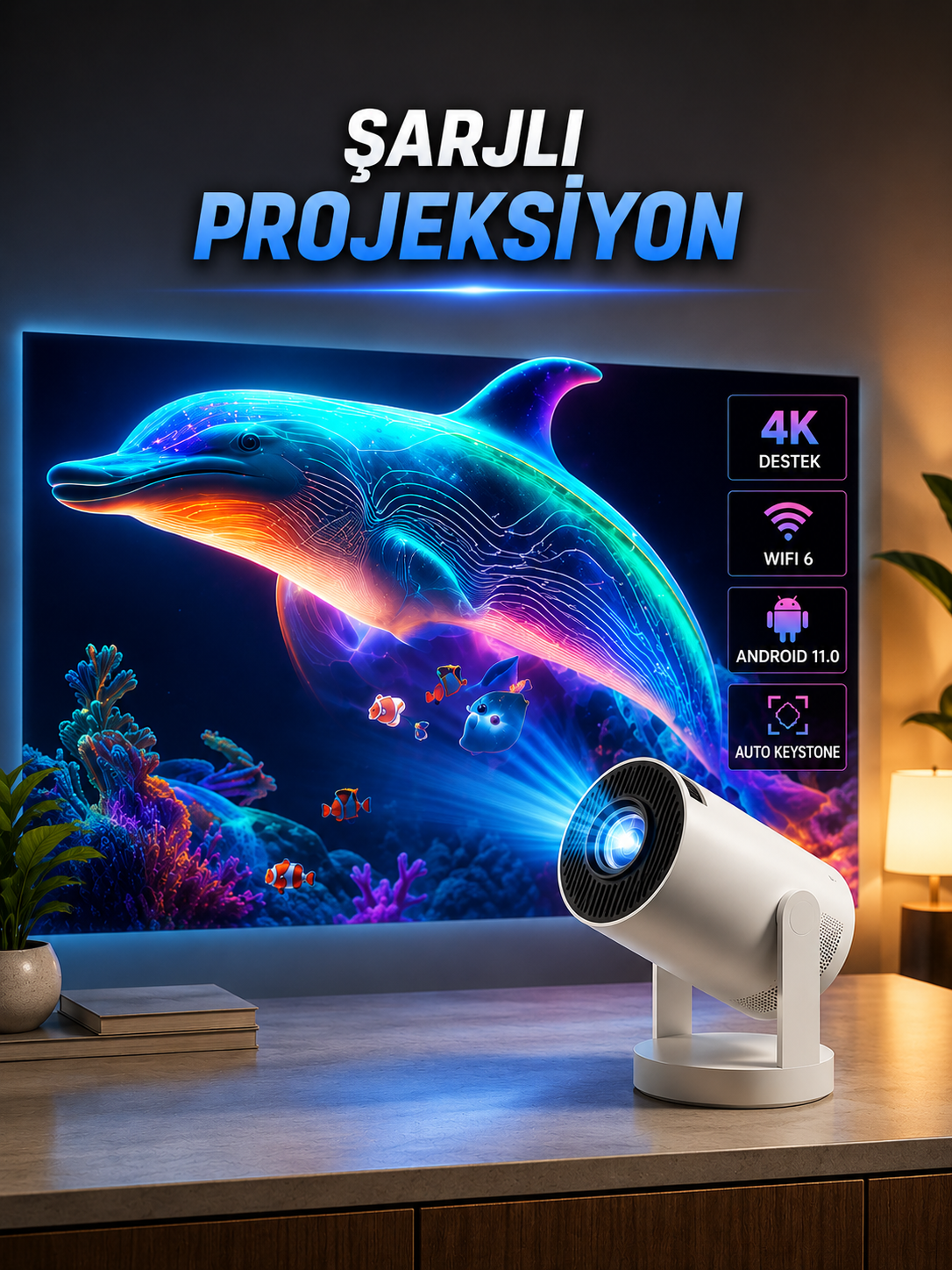 Taşınabilir Sinema Oyun Projektörü Akıllı Projeksiyon Android 11