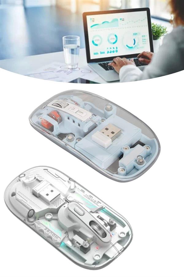 Sessiz Tıklama Çift Modlu Bluetooth Ve Alıcı Şeffaf Mouse Fare