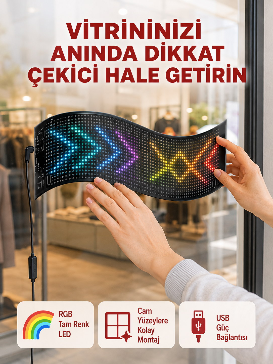 USB Girişli RGB LED Tabela Ayarlanabilir Parlaklık ve Kayan Yazı Özellikli