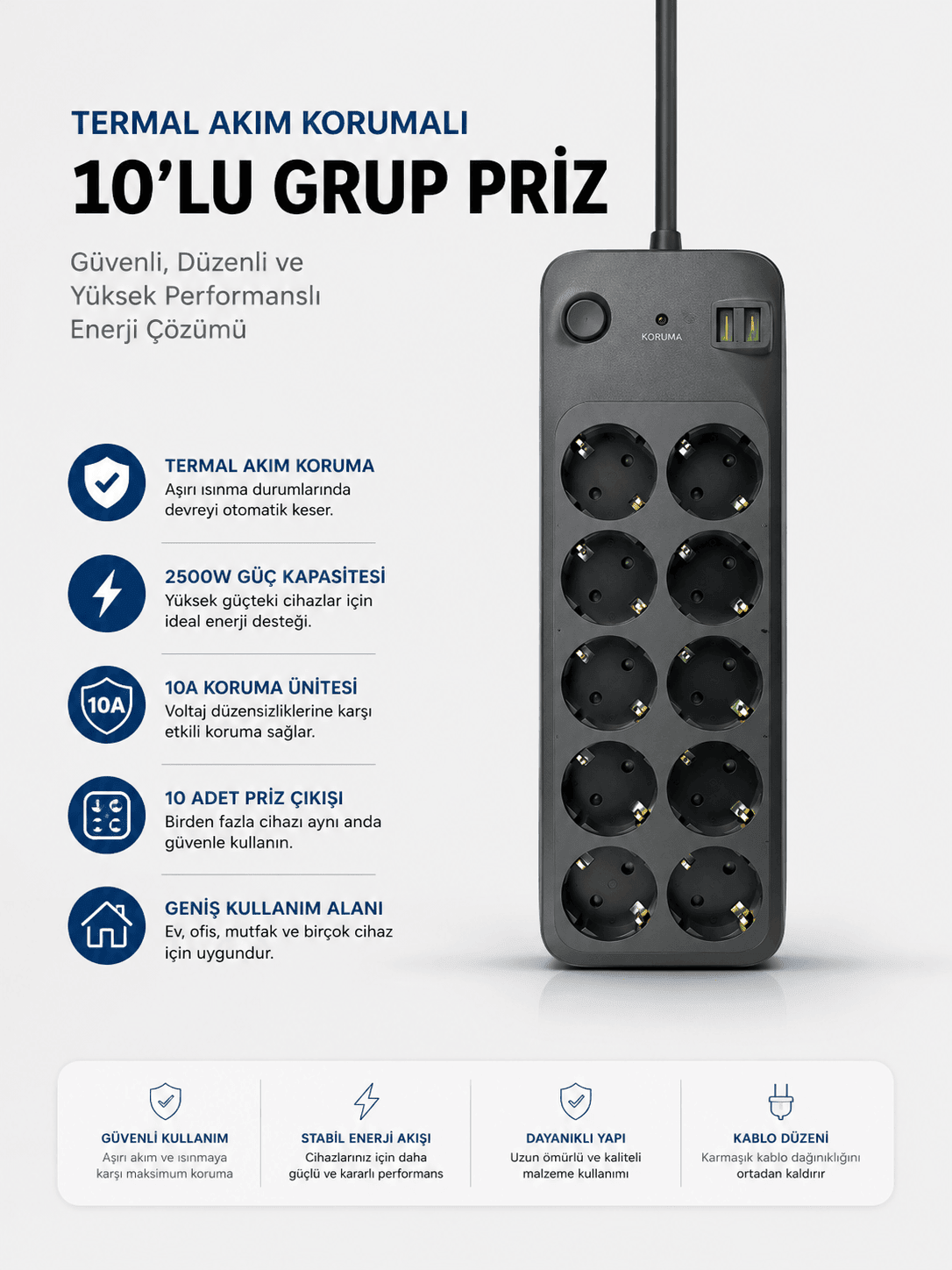 Termal Akım Korumalı USB Type-C Girişli 10'lu Grup Priz 2500W Güç Kapasitesi