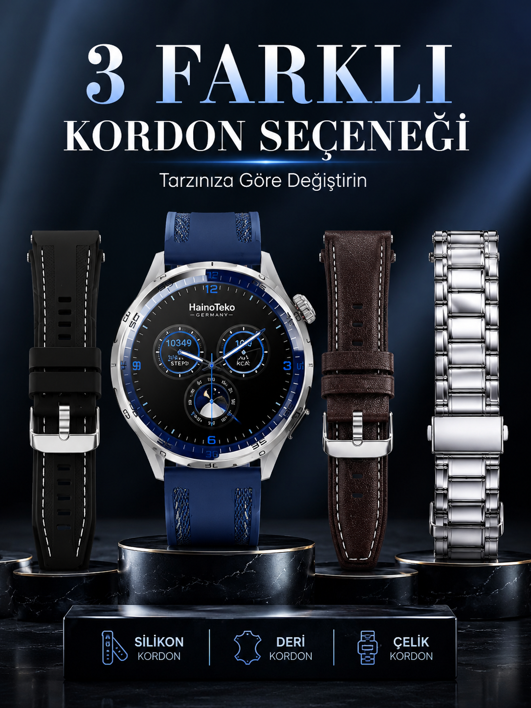 AMOLED Ekranlı Bluetooth Akıllı Saat 3 Kordonlu Uzun Pil Ömürlü