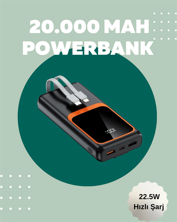 Dijital Ekranlı 20.000 mAh Powerbank | 22.5W Hızlı Şarj + Çoklu Bağlantı Seçeneği Yeni Nesil