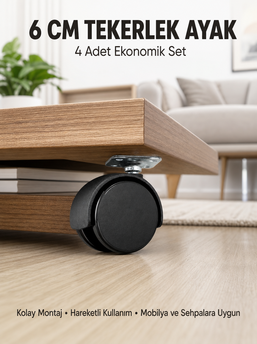Halı ve Beton Uyumlu Kilitsiz Mobilya Tekerleği 4’lü