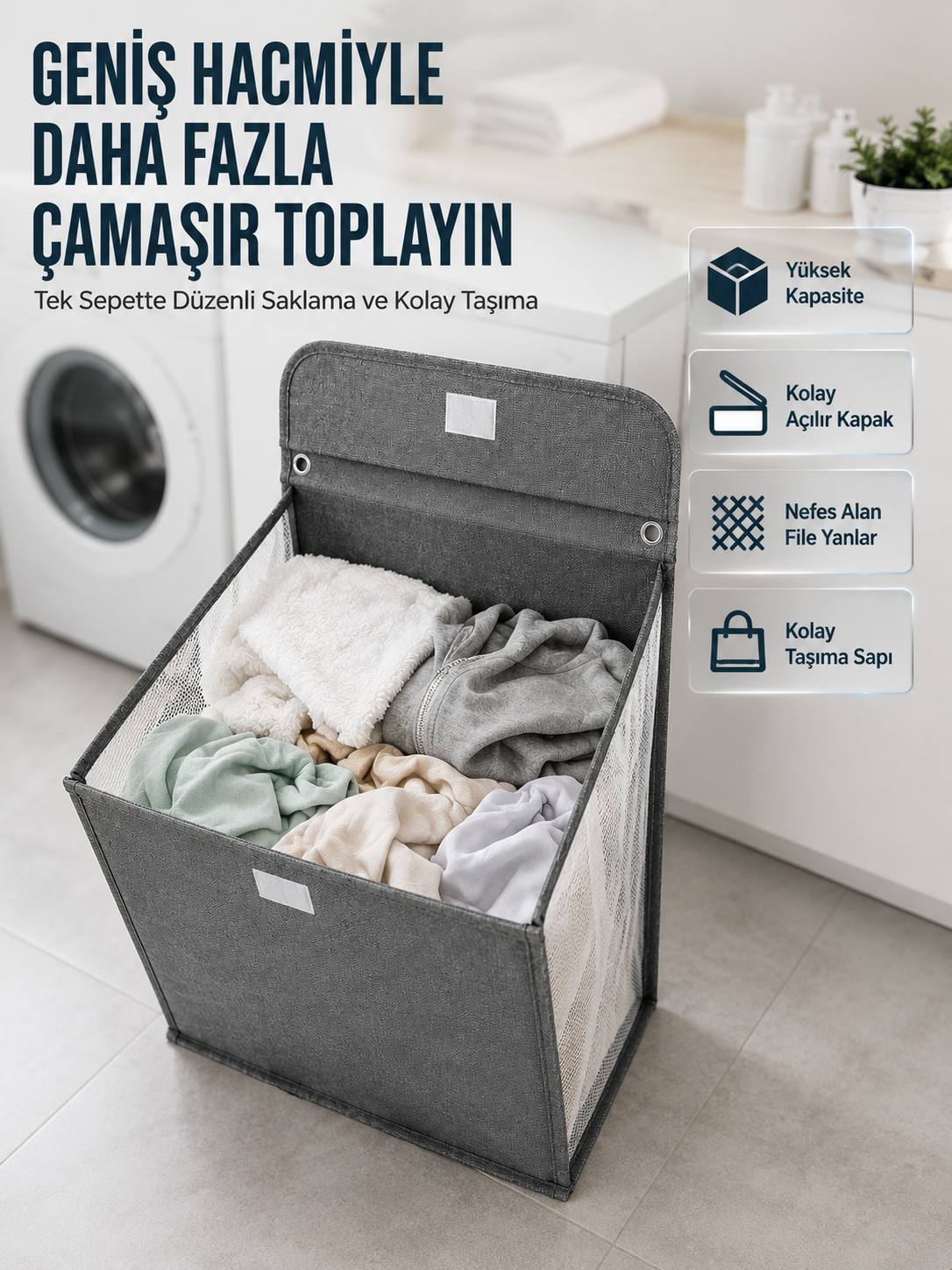 Modern Tasarımlı Duvara Monte Kirli Çamaşır Sepeti Pratik Saklama Çözümü